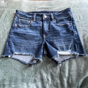 American Eagle Dark Wash Mid Rise Midi Jean Shorts Sz 2 Raw Hem Distressing